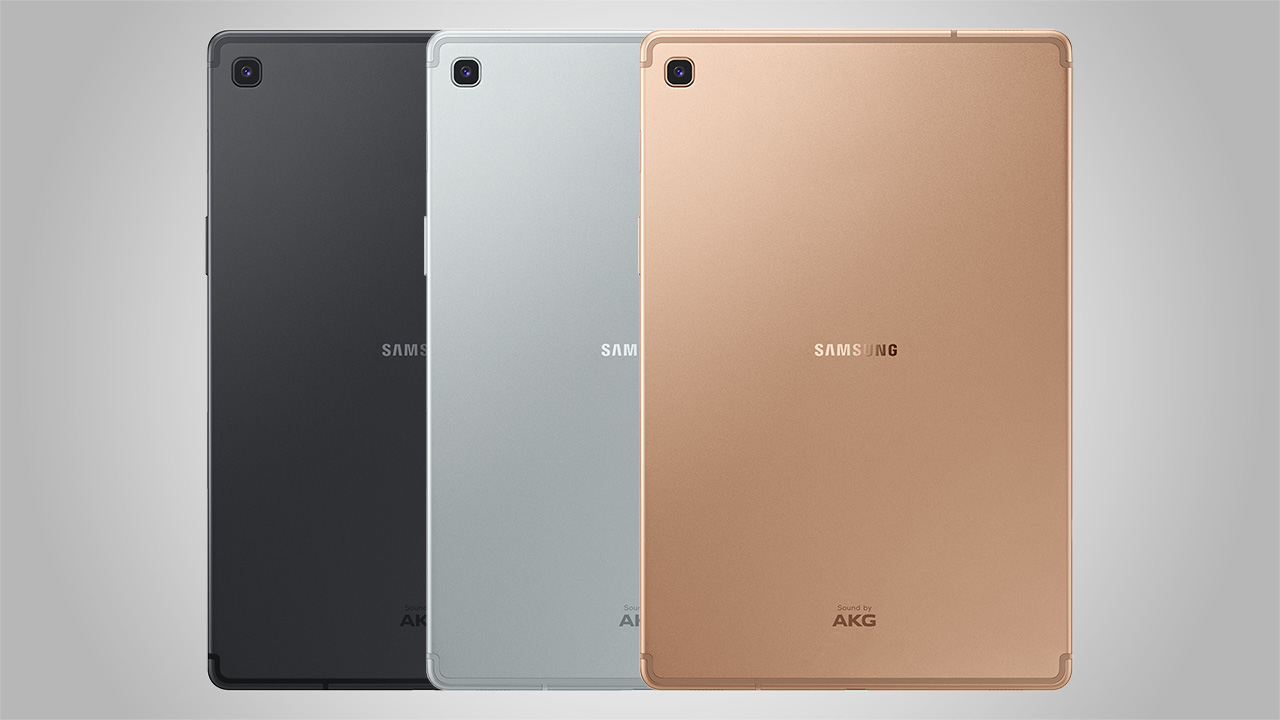 Samsung Galaxy Tab S5e in black, silver and gold colors shown side by side