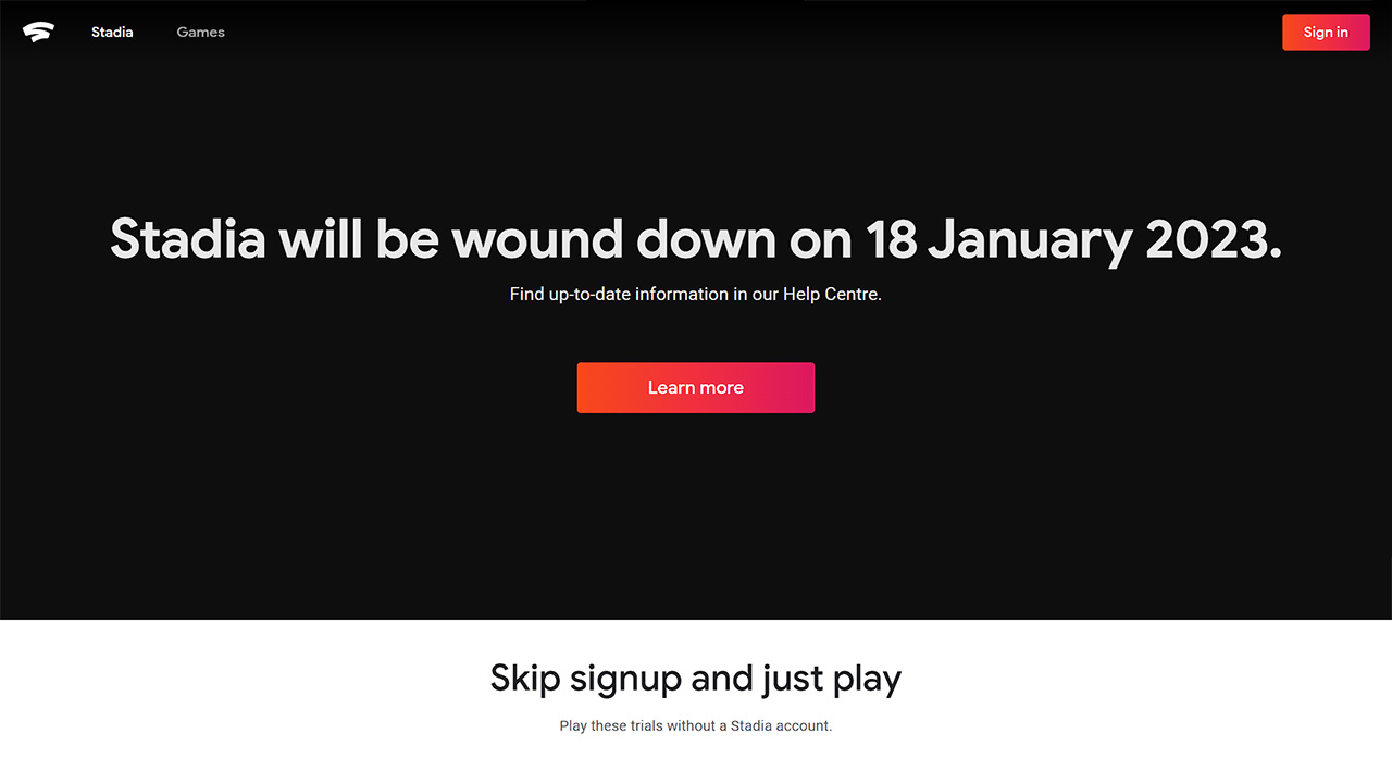 Screenshot of the Google Stadia website after shutdown announcement